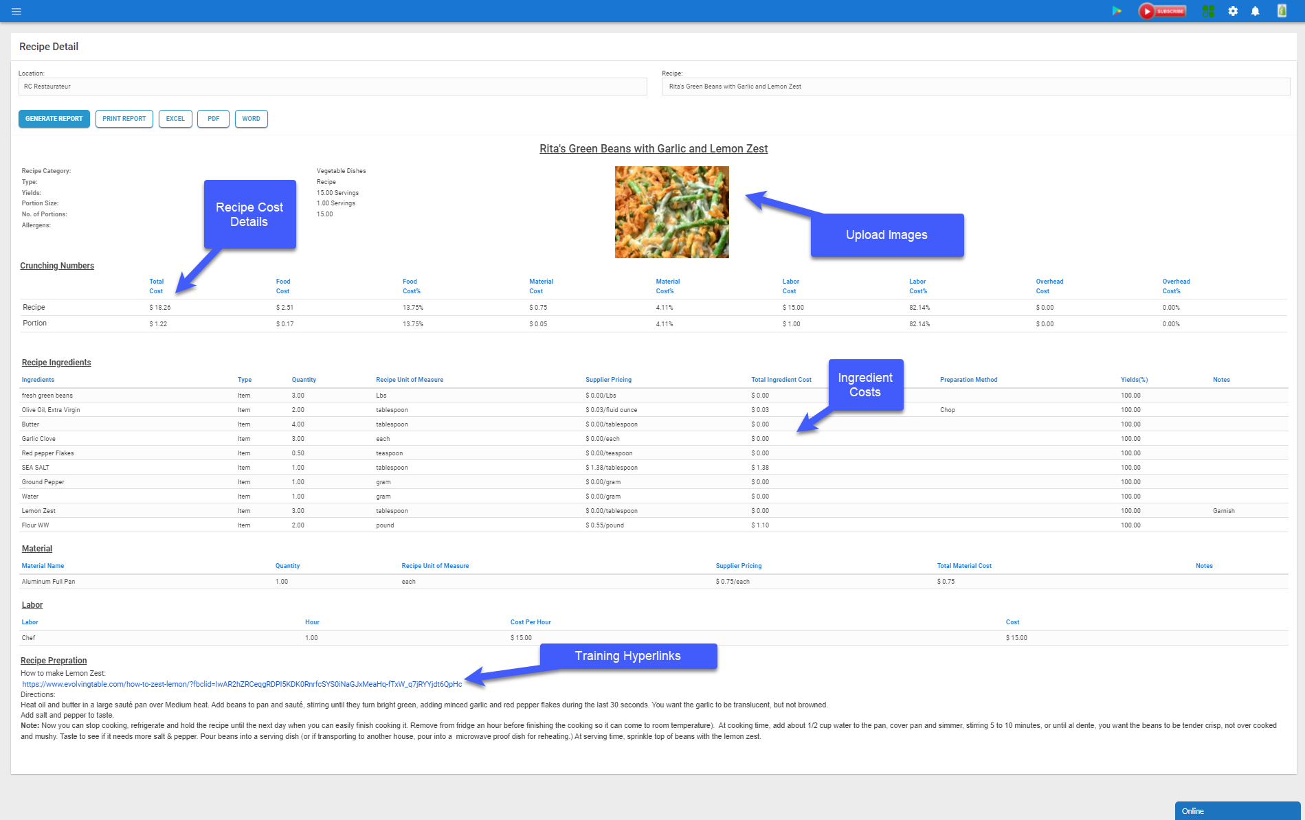 screenshot of Recipe Costing